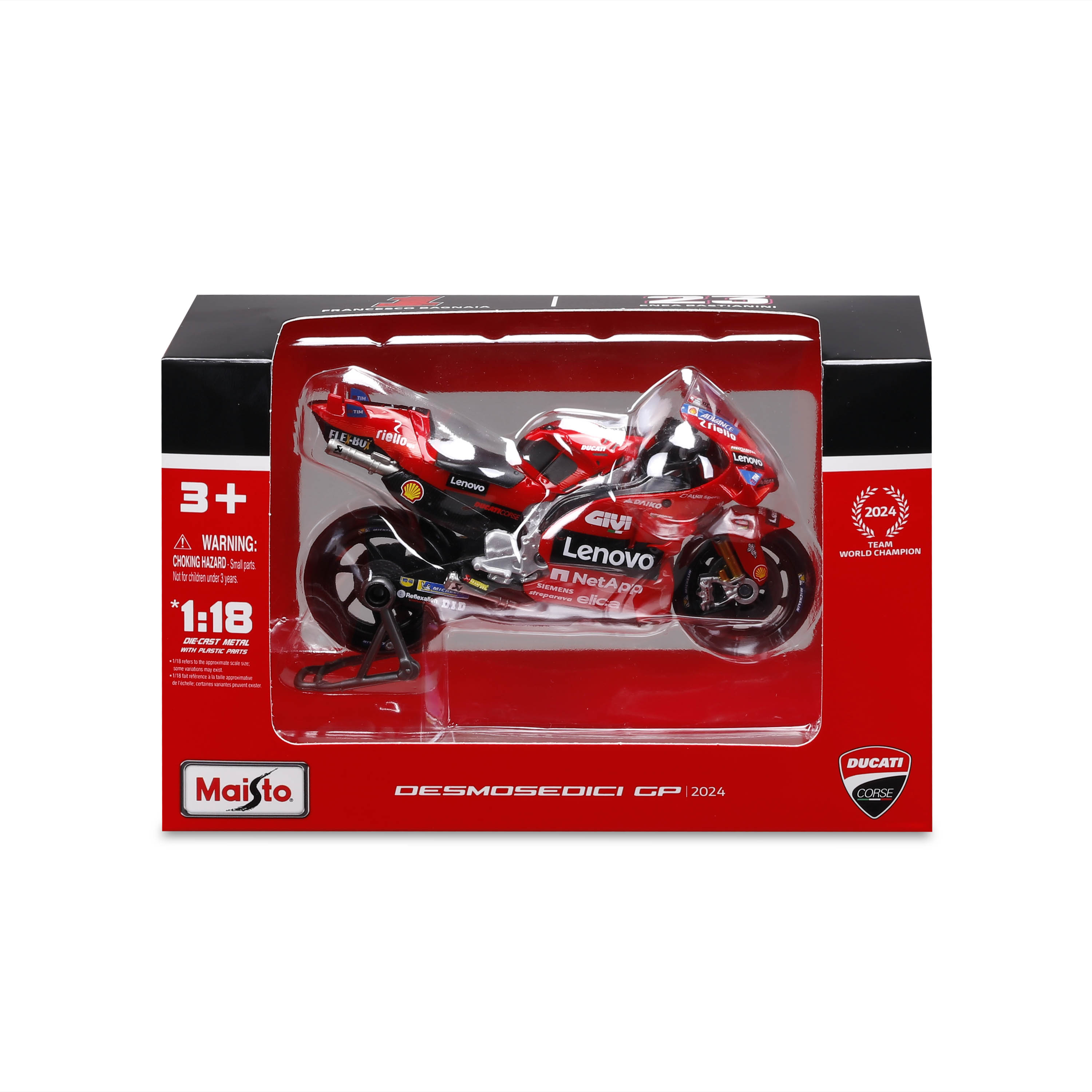 სათამაშო მანქანა Maisto 1:18 GP Racing - Ducati Lenovo Team 2024  #1 Francesco Bagnaia, #23 Enea Bastianini 1/18 - საკოლექციო მოდელი - satamasho manqana - ხედი 2